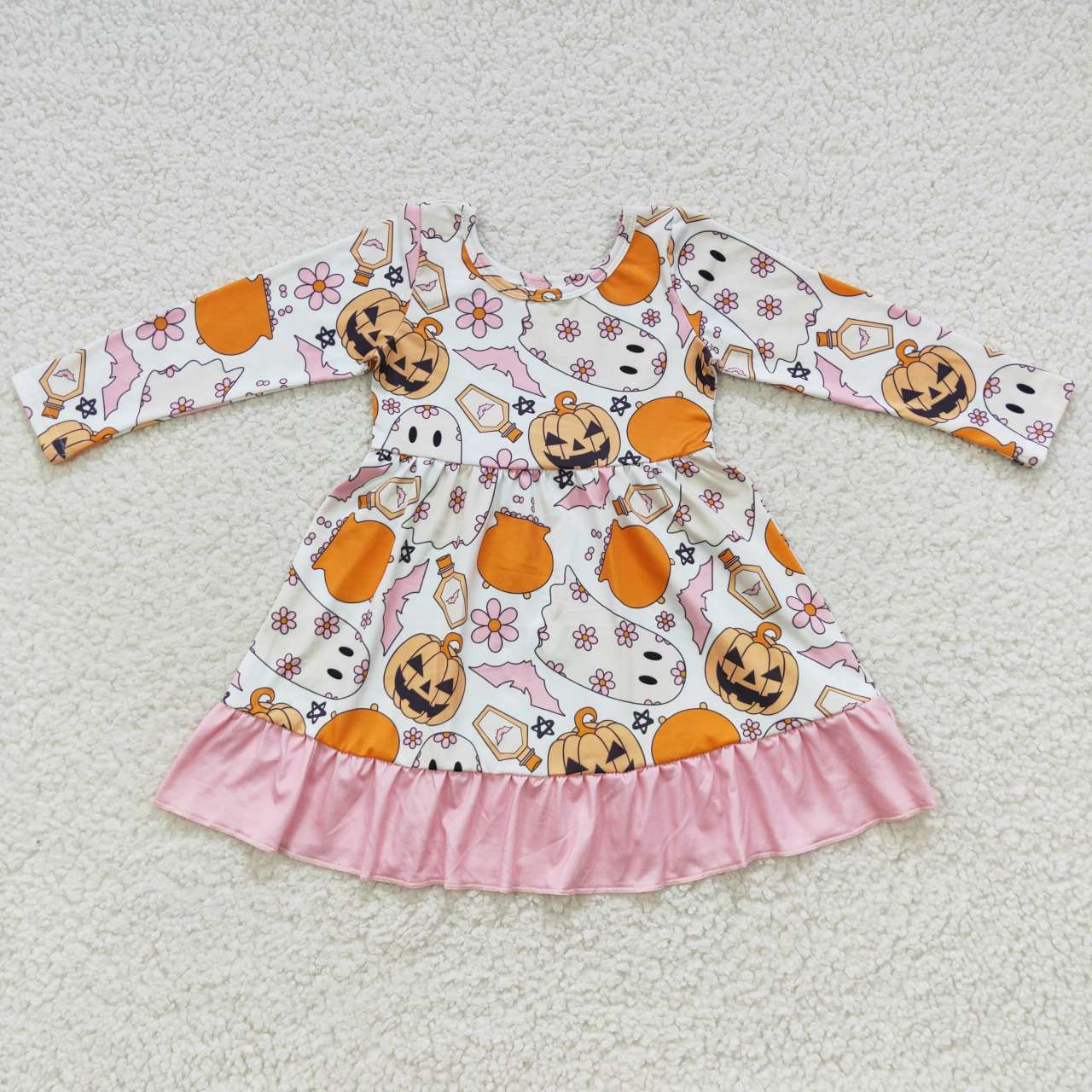 GLD0244 Ghost Pumpkin Flowers Print Girls Halloween Knee Length Dress