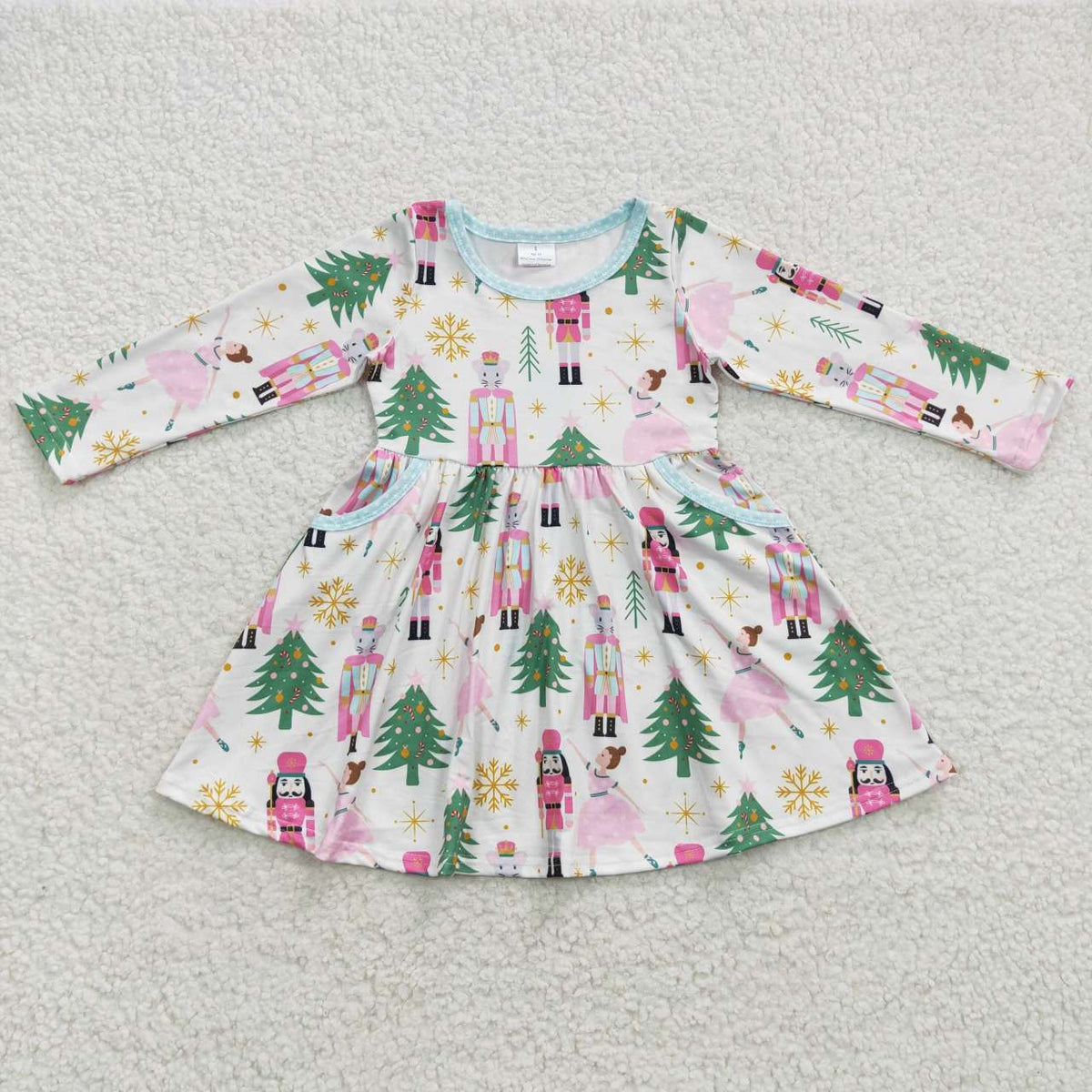 GLD0245 Nutcracke* Soldier Print Pockets Girls Christmas Knee Length Dress