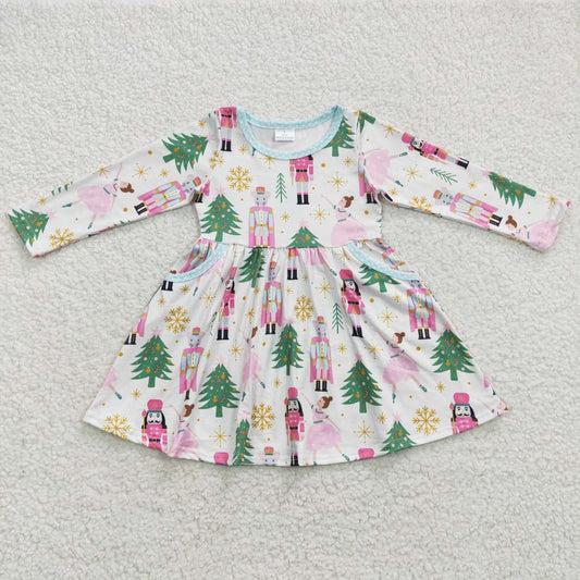 GLD0245 Nutcracke* Soldier Print Pockets Girls Christmas Knee Length Dress