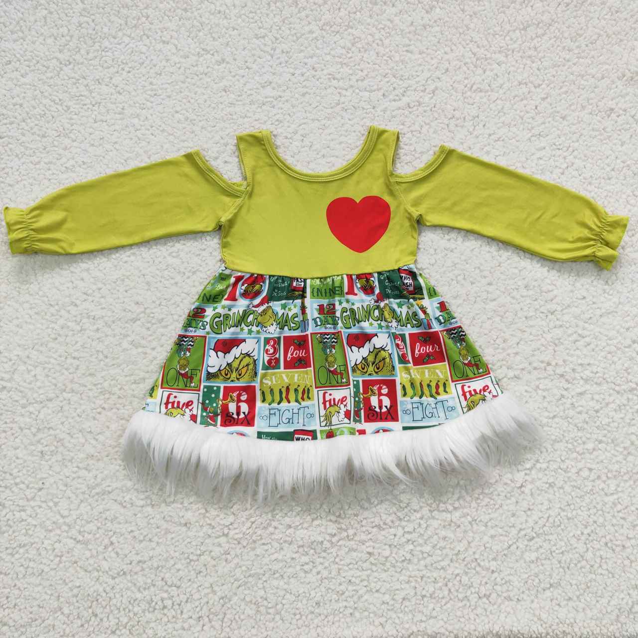 GLD0247 Green Frog Print Fur Girls Christmas Knee Length Dress