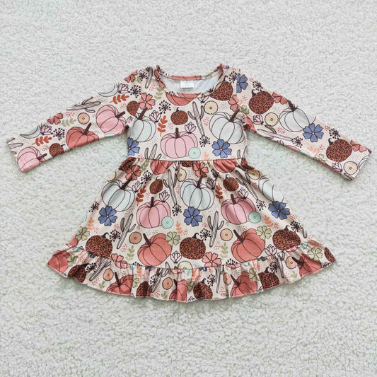 GLD0255 Pumpkin Flowers Print Girls Fall Knee Length Dress