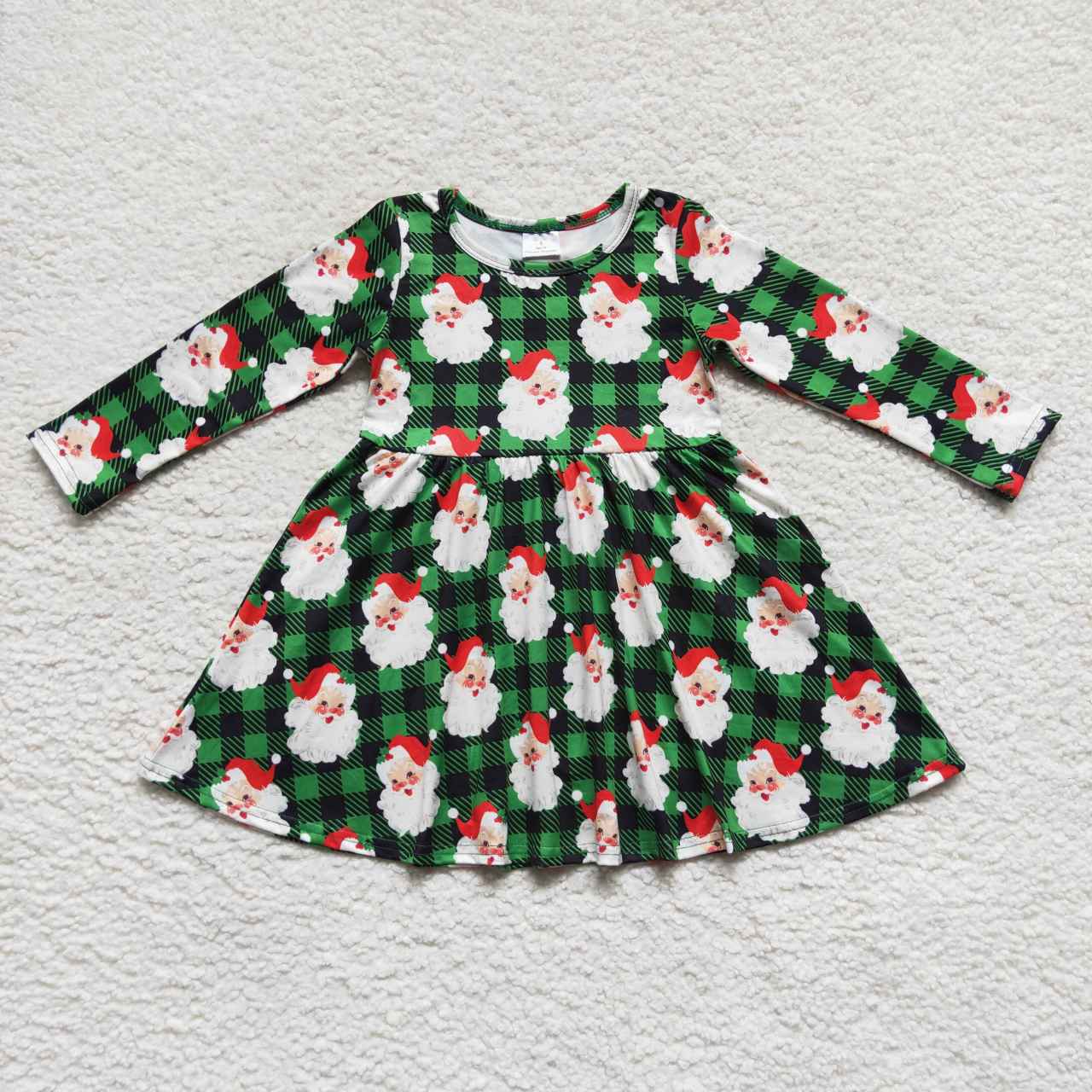 GLD0262 Santa Green Checkered Print Girls Christmas Knee Length Dress