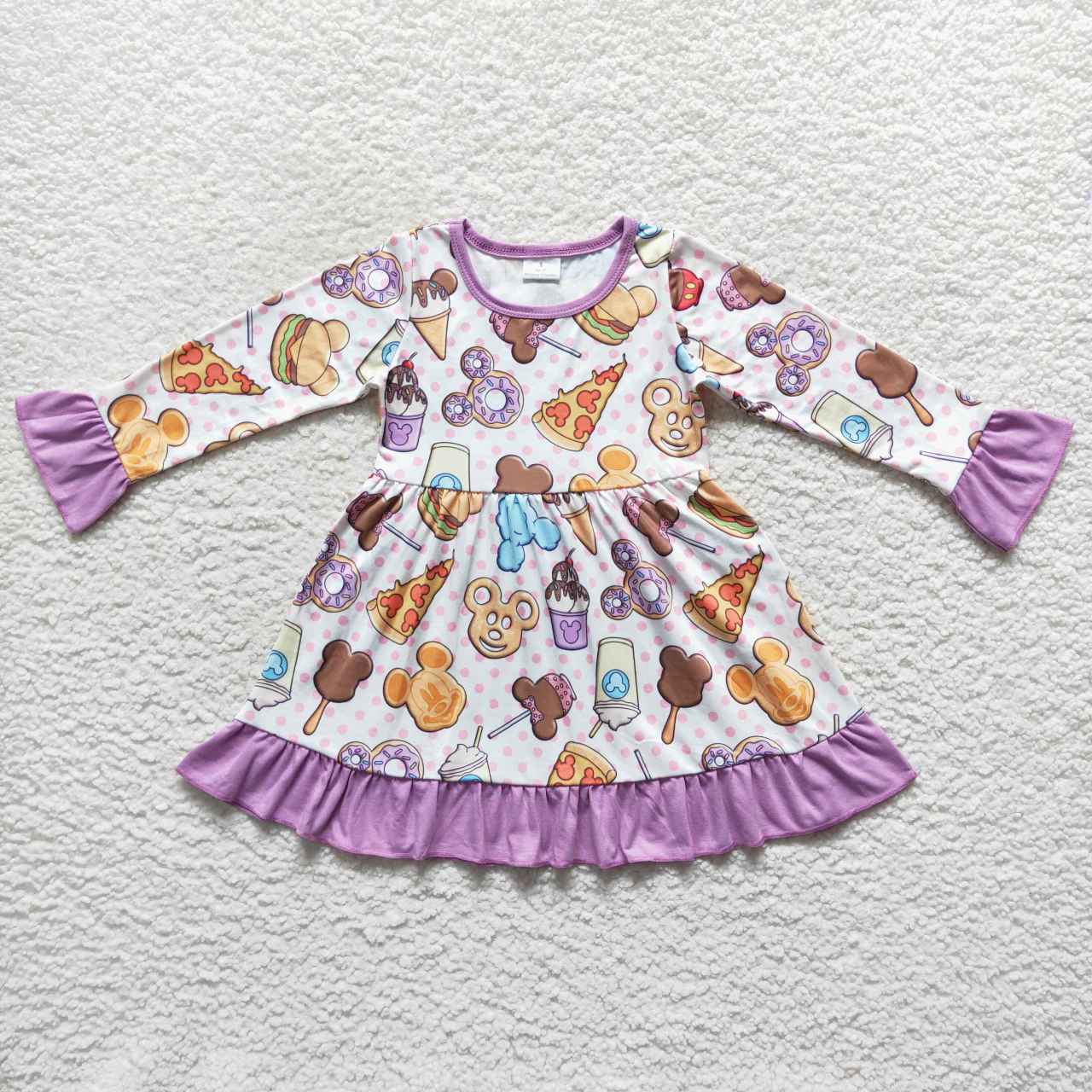 GLD0265 Cartoon Mouse Food Print Girls Knee Length Dress