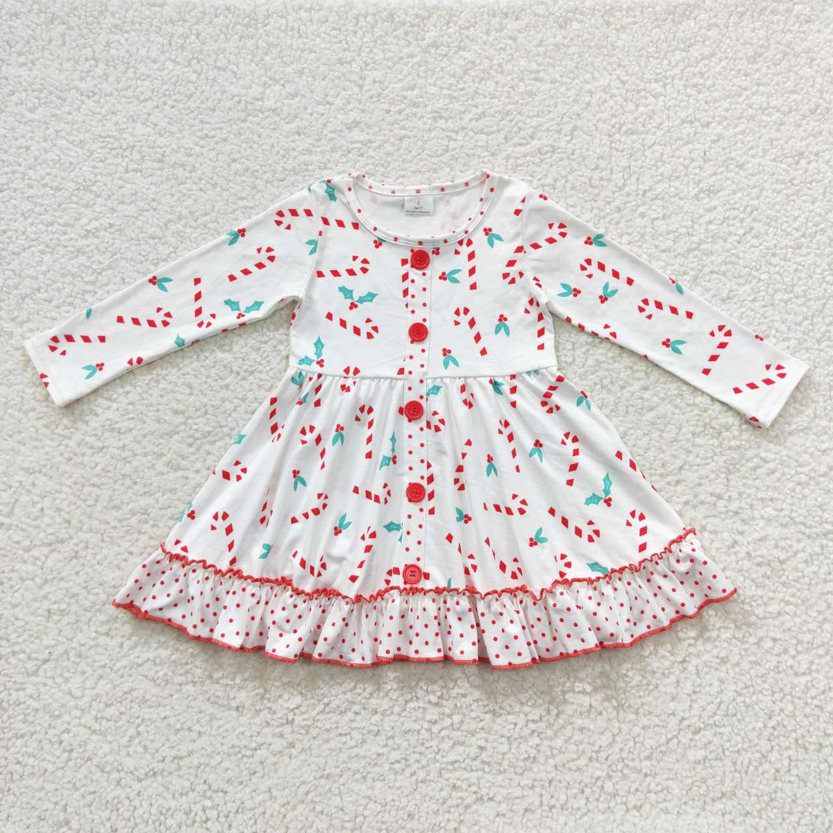 GLD0268 Candy Cane Holly Print Girls Christmas Knee Length Dress
