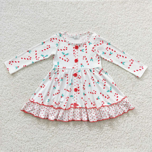 GLD0268 Candy Cane Holly Print Girls Christmas Knee Length Dress