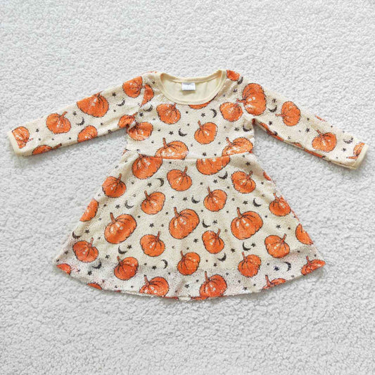 GLD0271 Pumpkin Stars Print Girls Fall Knee Length Sequins Dress
