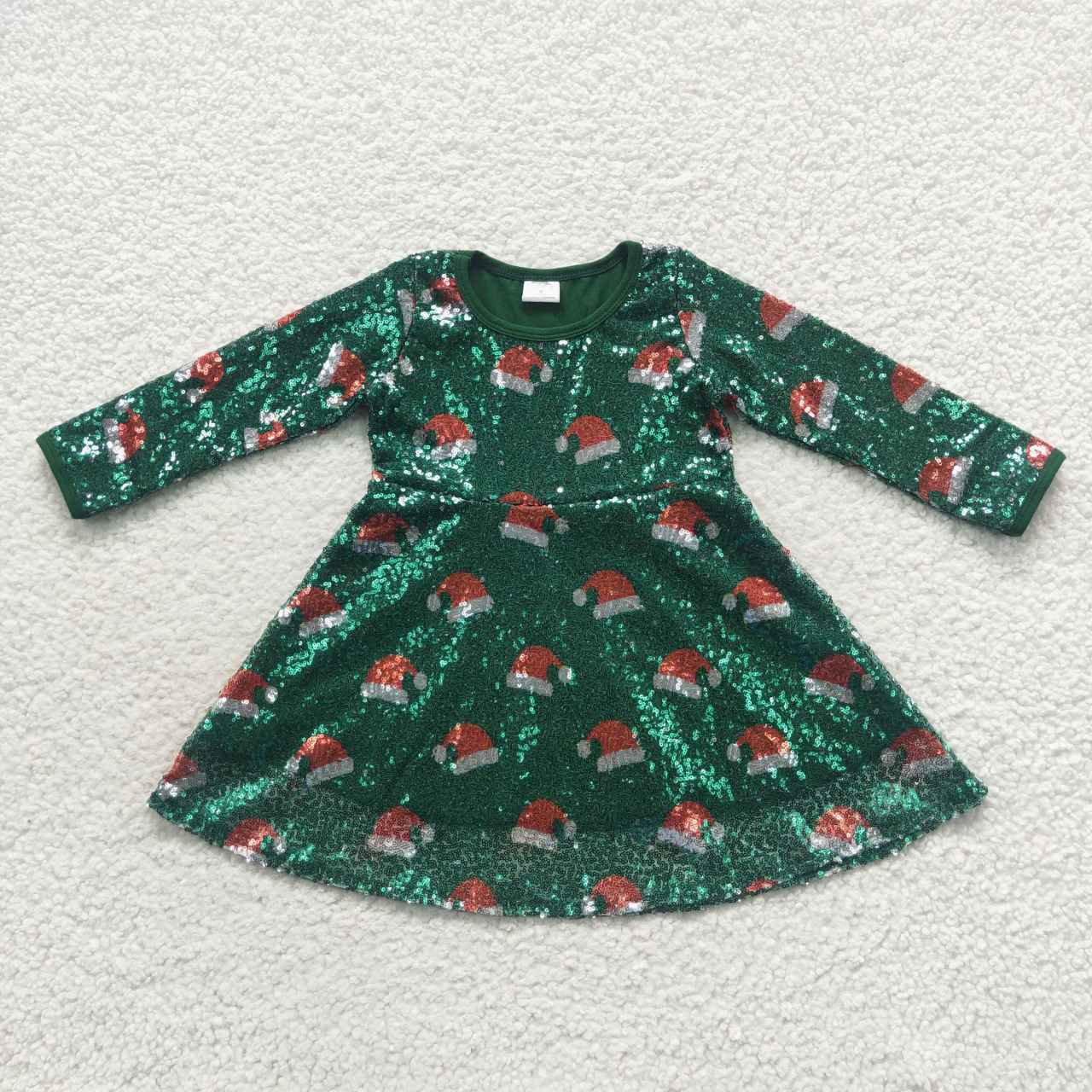 GLD0272 Hat Print Sequin Girls Christmas Knee Length Dress