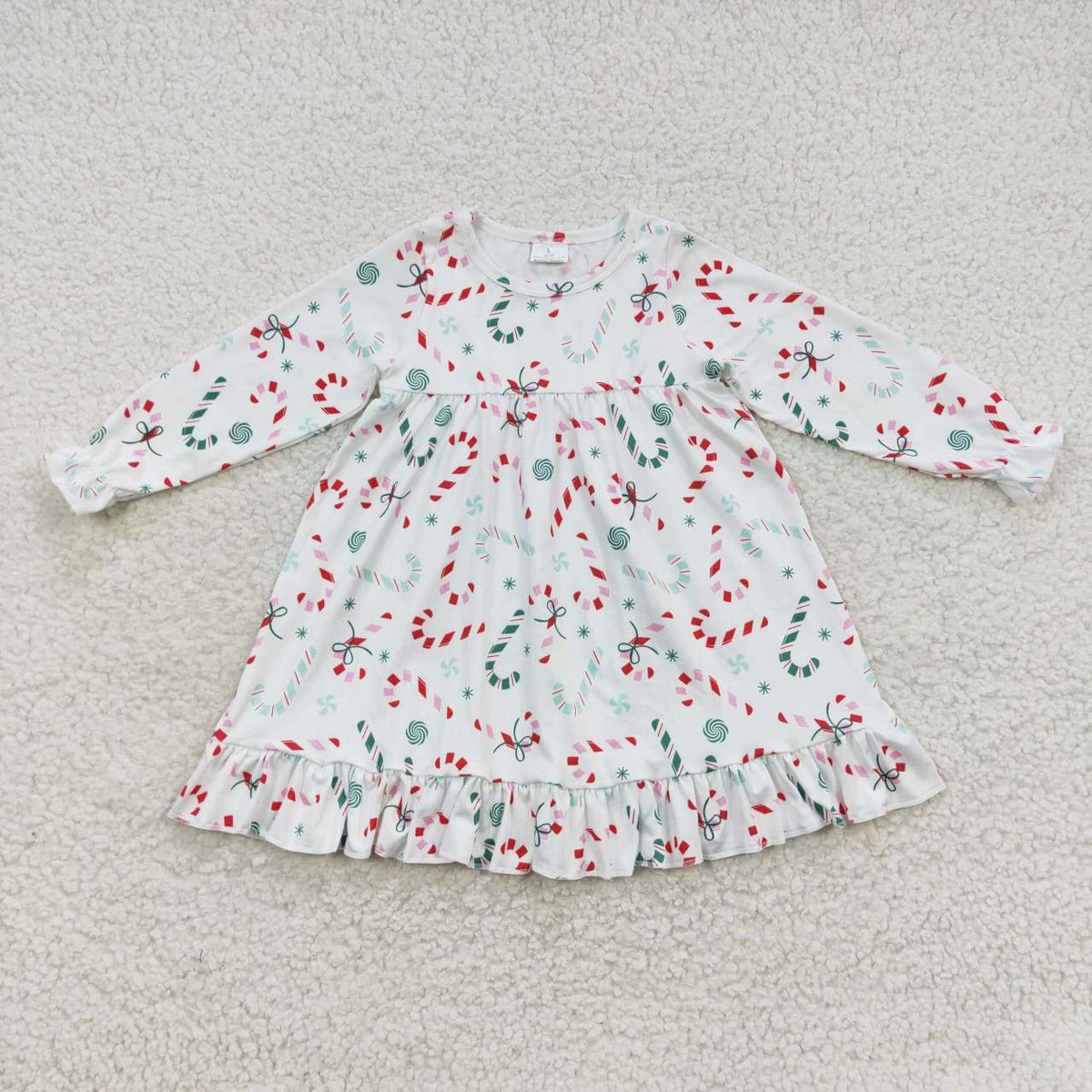 GLD0290 Candy Cane Bows Print Girls Christmas Knee Length Dress