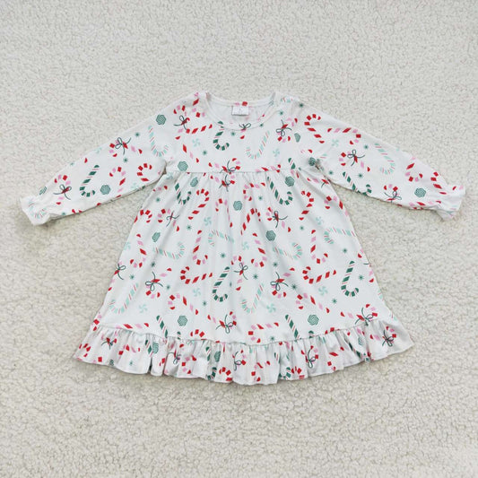 GLD0290 Candy Cane Bows Print Girls Christmas Knee Length Dress