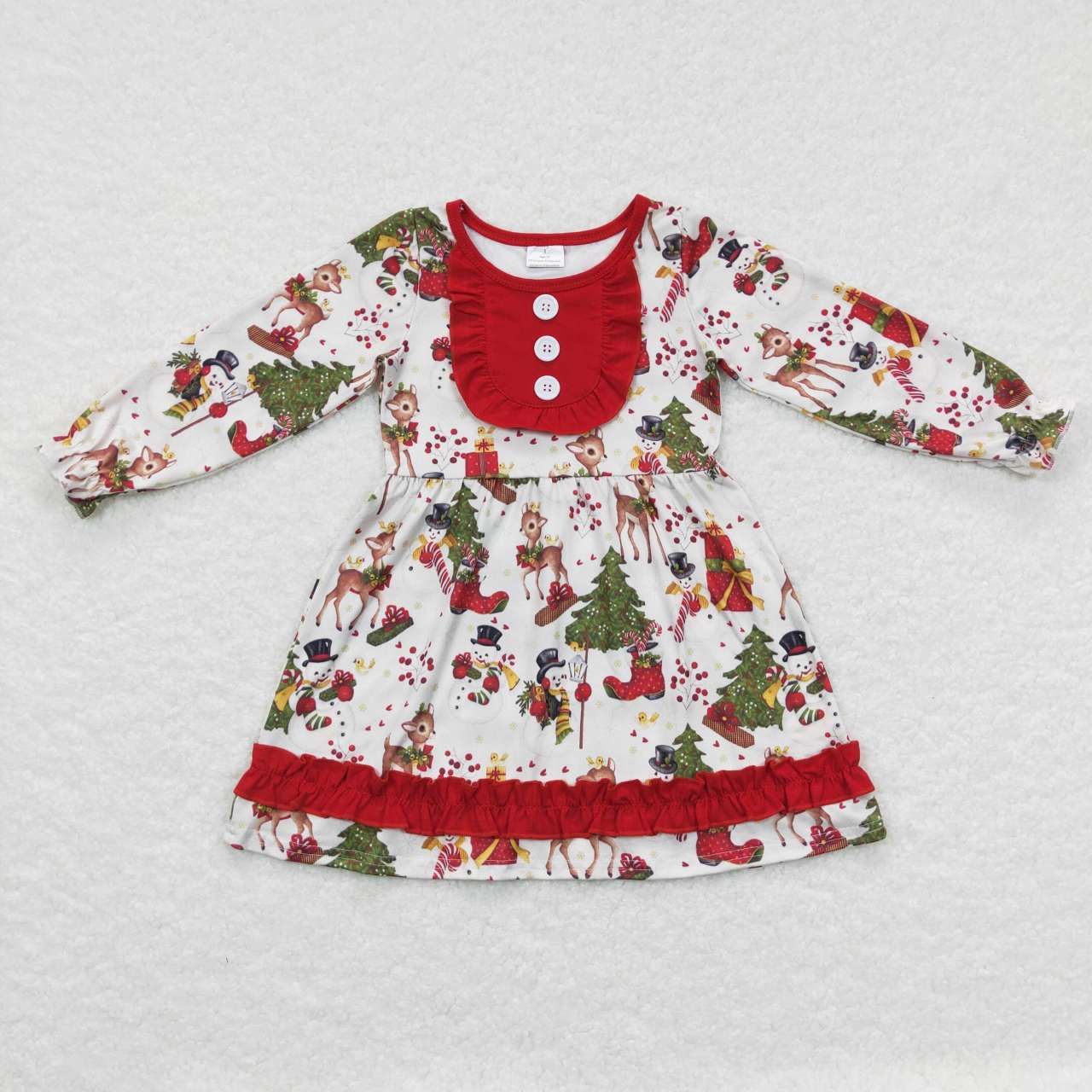 GLD0292 Snowman Deer Holly Print Girls Christmas Knee Length Dress