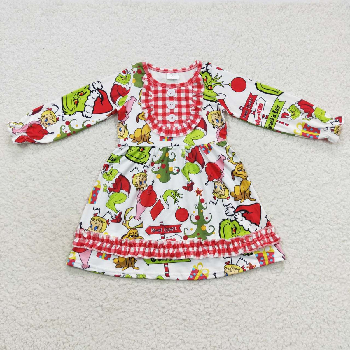 GLD0297 Green Frog Friends Print Girls Christmas Knee Length Dress