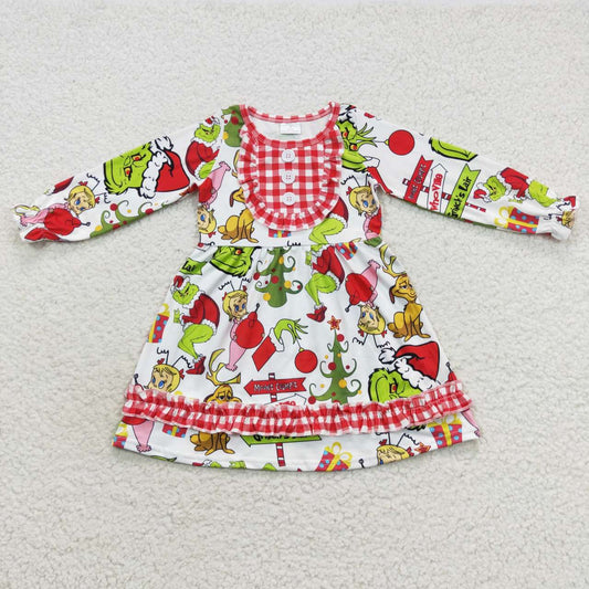 GLD0297 Green Frog Friends Print Girls Christmas Knee Length Dress