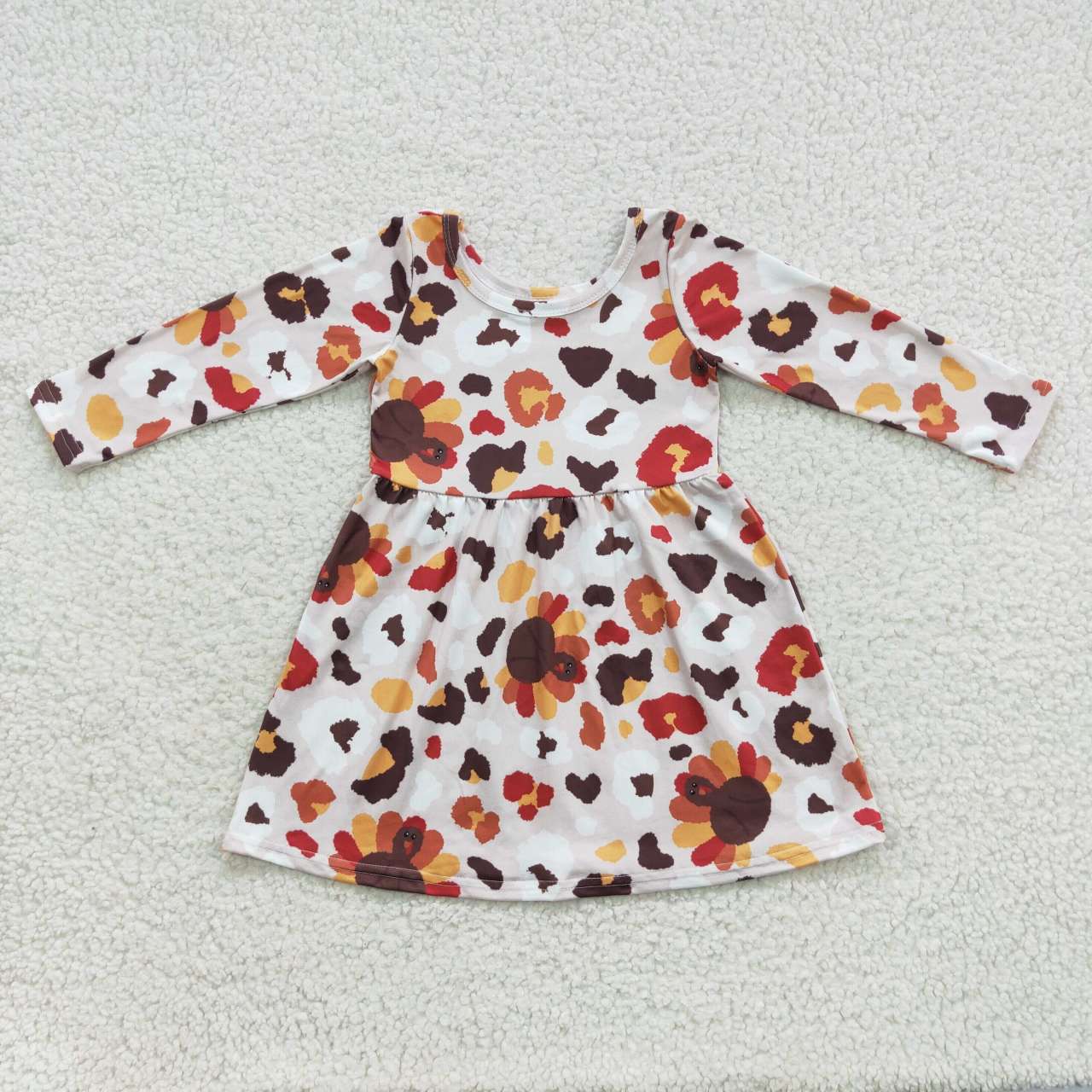 GLD0320 Turkey Leopard Print Girls Thanksgiving Knee Length Dress