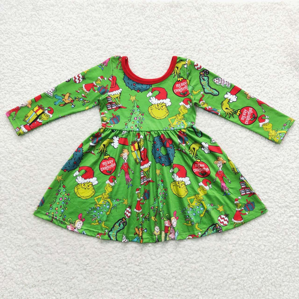 GLD0345 Green Frog Tree Print Girls Christmas Knee Length Dress