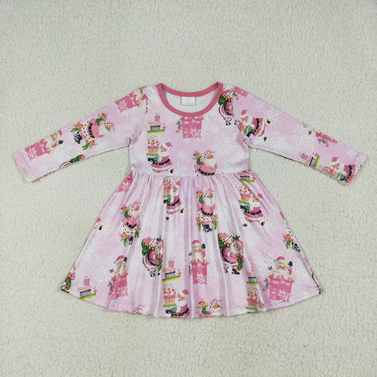 GLD0354 Santa Gift Pink Print Girls Christmas Knee Length Dress