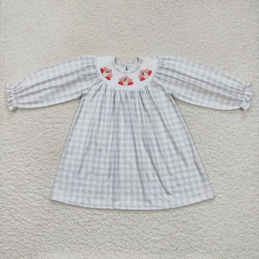 GLD0357 Pink Turkey Embroidery Grey Checkerd Girls Thanksgiving Smocked Knee Length Dress