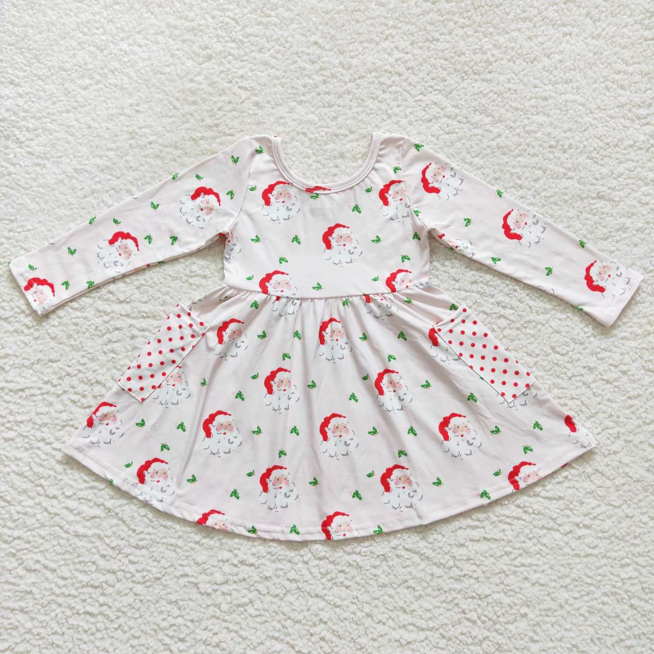 GLD0369 Santa Holly Print Pockets Girls Christmas Knee Length Dress
