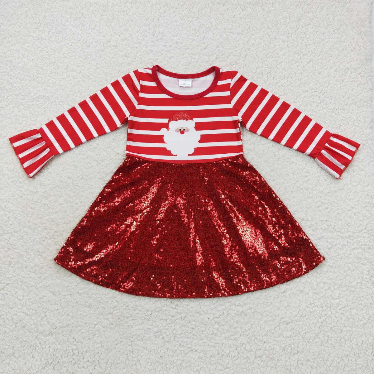 GLD0371 Santa Stripes Print Sequin Girls Christmas Knee Length Dress