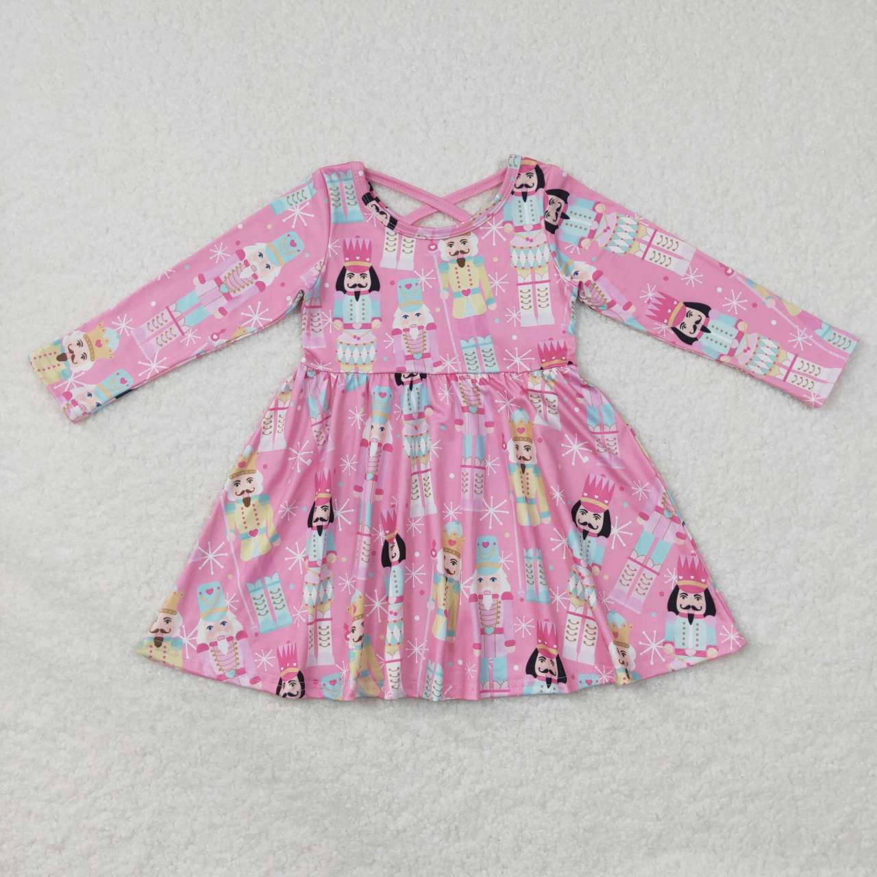 GLD0384 Nutcracke* Soldier Pink Print Girls Christmas Knee Length Dress