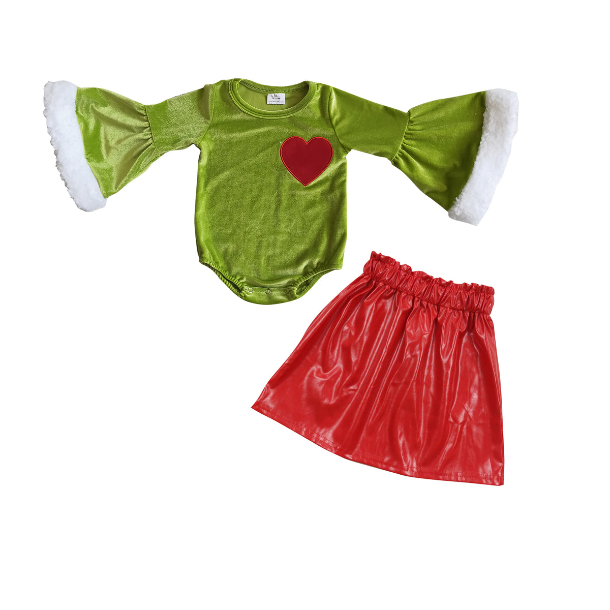 GLD0392 Heart Embroidery Velvet Romper Red Pleather Skirts Baby Girls Christmas Clothes Set