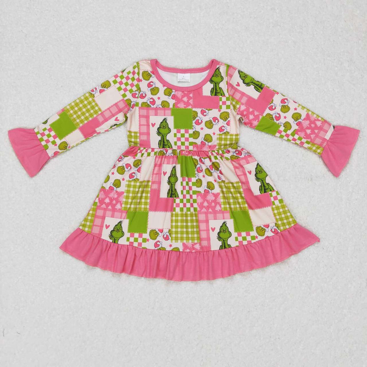 GLD0420 Green Frog Pink Checkered Print Girls Christmas Knee Length Dress