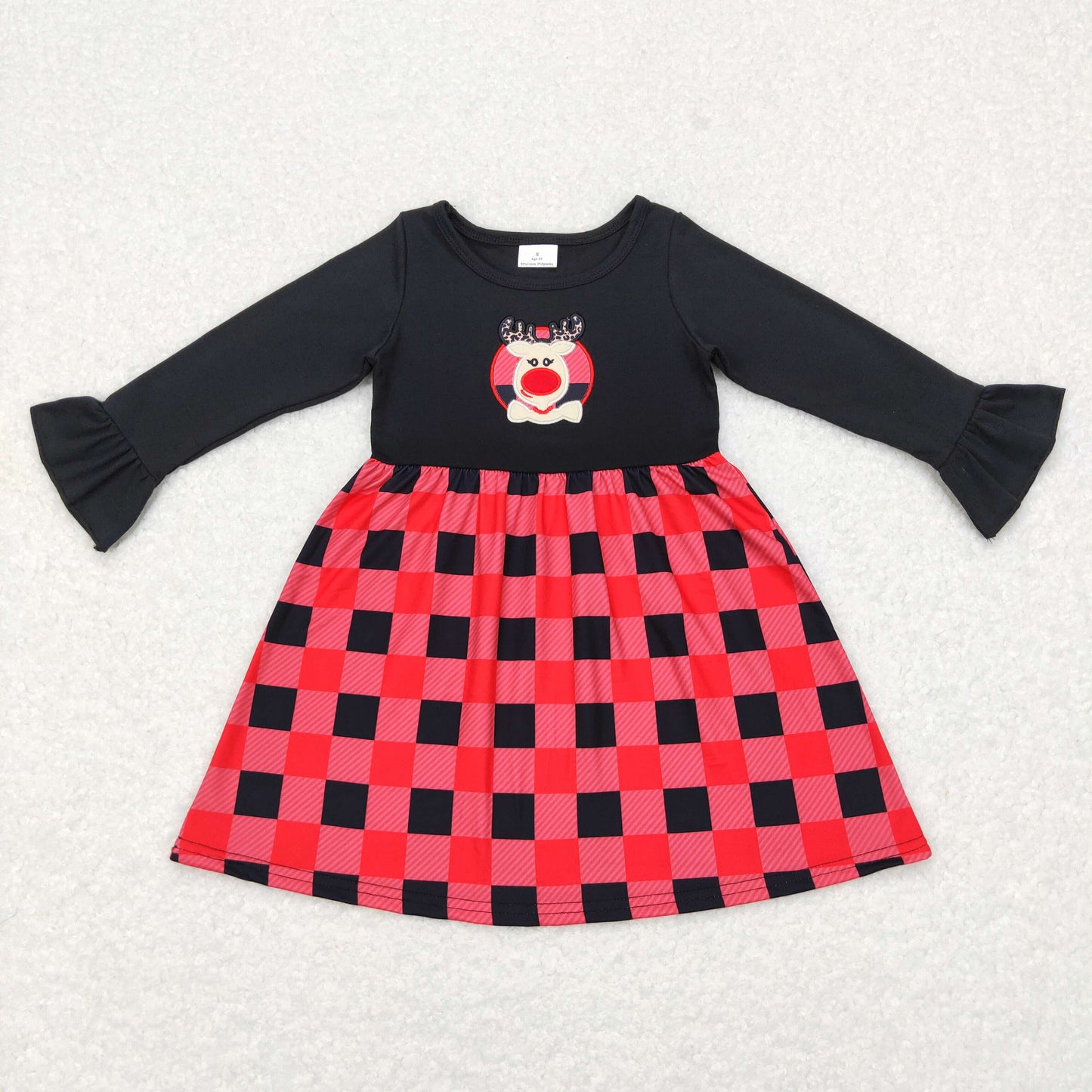 GLD0423 Deer Embroidery Red Checkered Girls Christmas Knee Length Dress