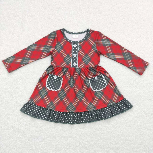 Sibling Baby  Girls Christmas Green Red Checked Long Sleeve Dress