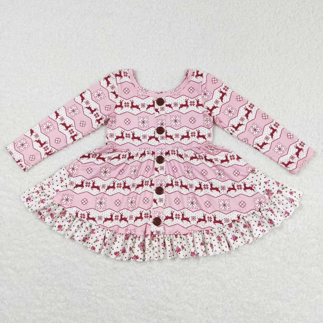 Sibling Baby Girls Deer Plaid Button Pockets Christmas Ruffle Knee Length Dresses