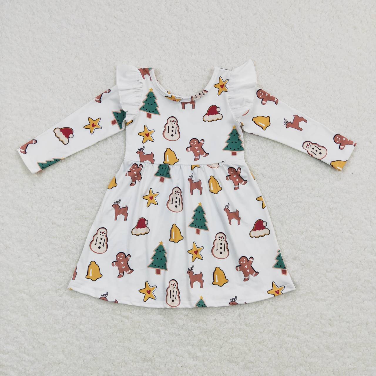 GLD0442 Gingerbread Print Girls Christmas Knee Length Dress