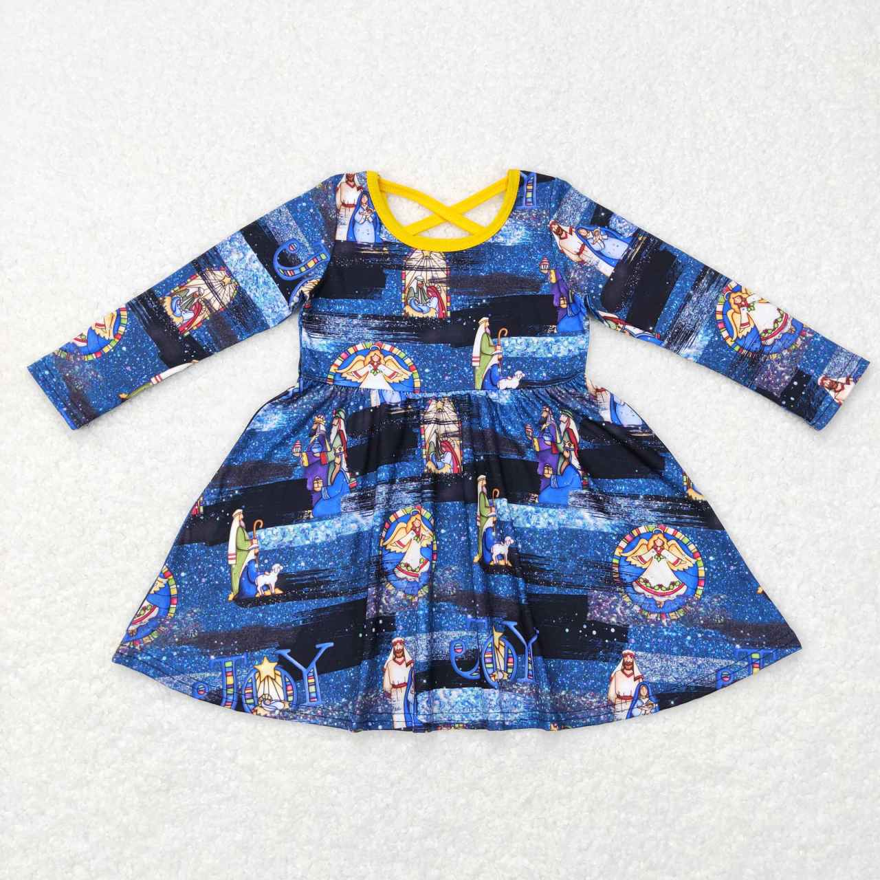 GLD0371 Nativity Blue Print Girls Christmas Knee Length Dress
