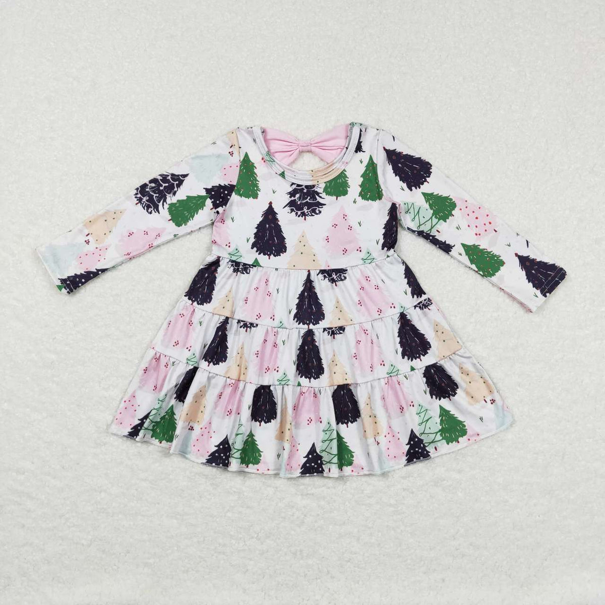 GLD0468 Tree Pink Print Girls Christmas Knee Length Dress