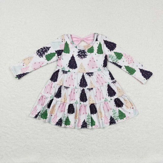 GLD0468 Tree Pink Print Girls Christmas Knee Length Dress
