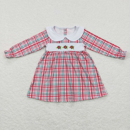 GLD0470 Holly Embroidery Checkered Girls Christmas Knee Length Dress