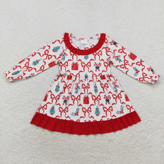 Sibling Baby Girls Christmas Cartoon Bow Long Sleeve Dress