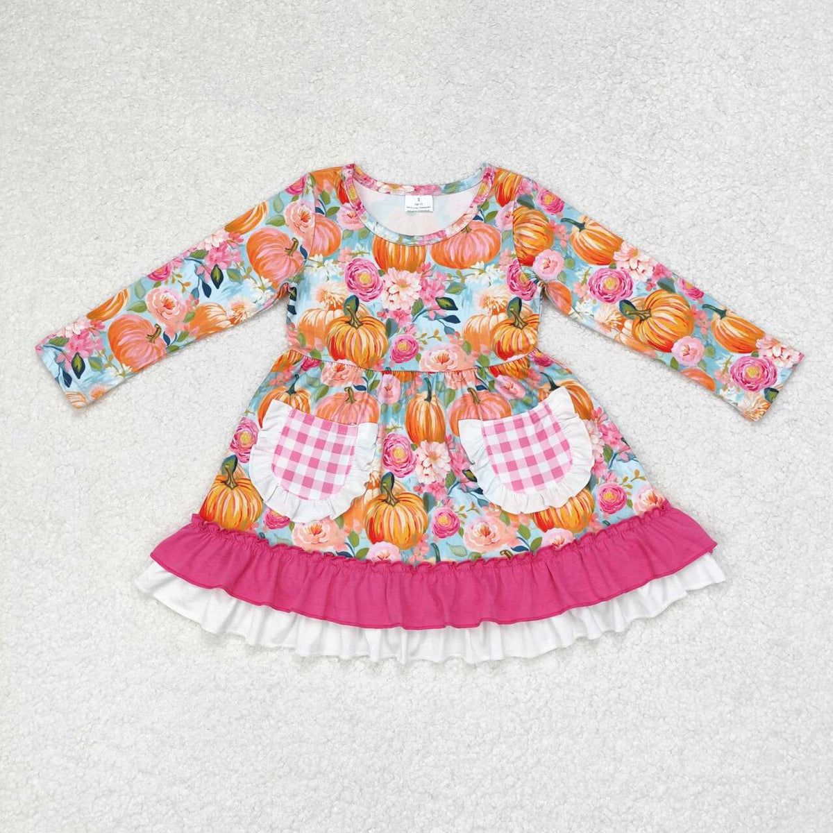 GLD0532 Pumpkin Flowers Print Pockets Girls Fall Ruffle Knee Length Dress
