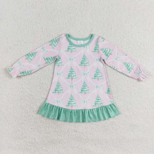 GLD0538 Tree Bows Print Girls Christmas Knee Length Ruffle Dress