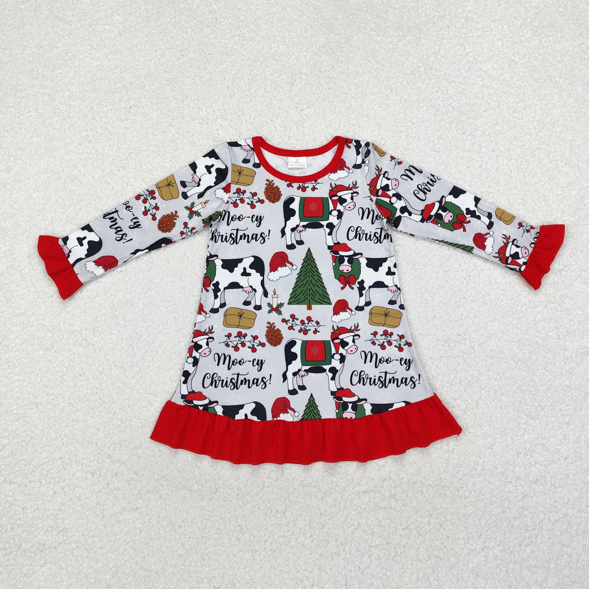 GLD0539 Cows Tree Holly Print Girls Christmas Knee Length Ruffle Dress