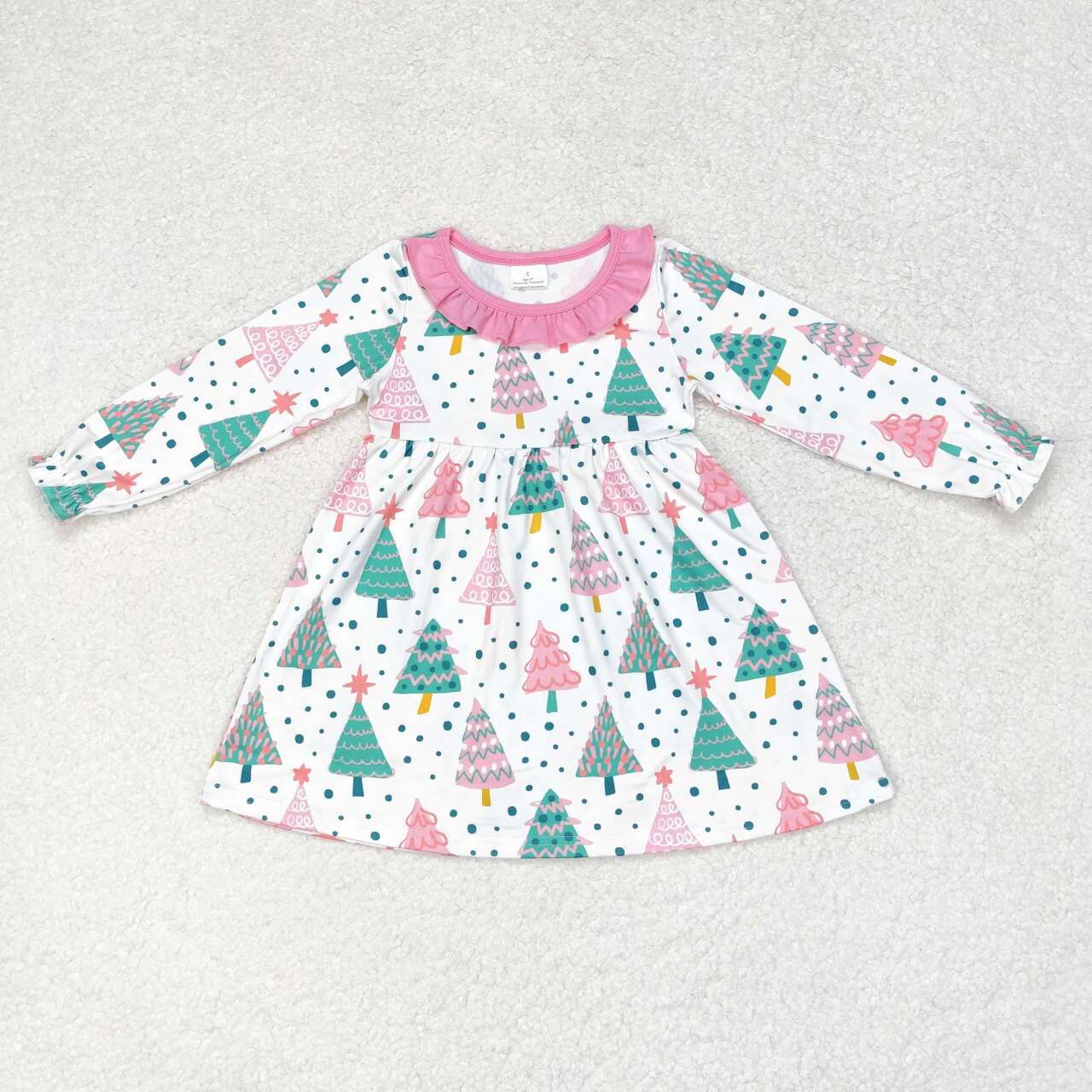 GLD0540 Colorful Tree Print Girls Christmas Knee Length Dress