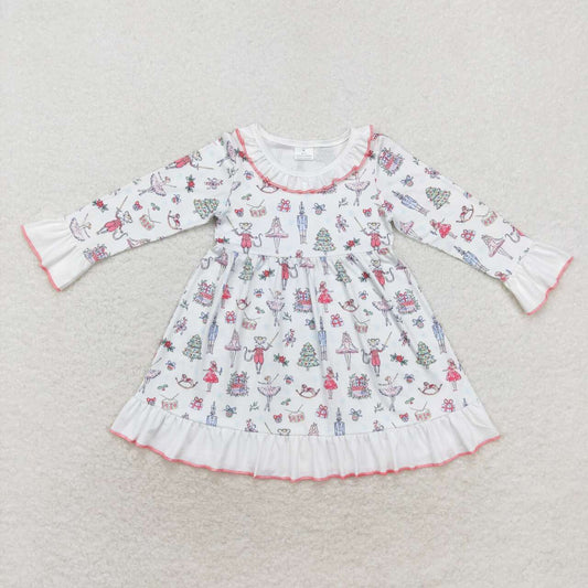 GLD0544 Nutcracke* Soldier Print Girls Christmas Knee Length Ruffle Dress