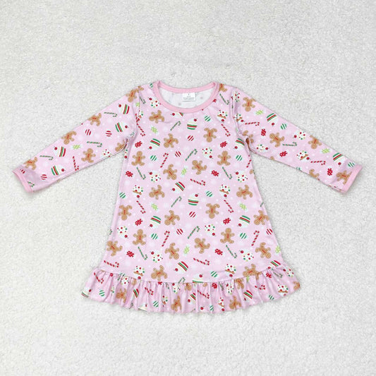 GLD0550 Gingerbread Candy Cane Cake Pink Print Girls Christmas Knee Length Dress