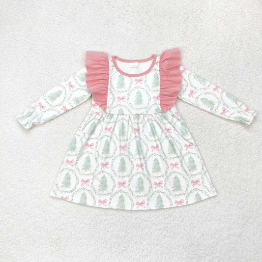 GLD0555 Tree Bows Print Girls Christmas Knee Length Dress