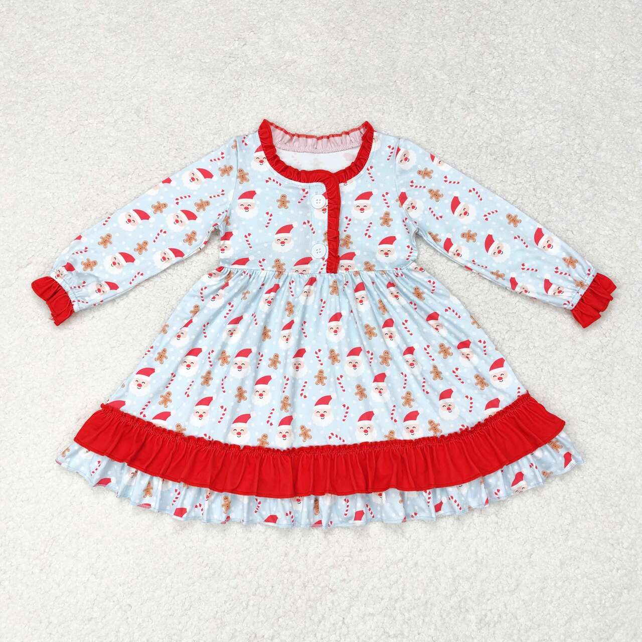 GLD0556 Gingerbread Santa Candy Cane Print Girls Christmas Knee Length Gown Ruffle Dress