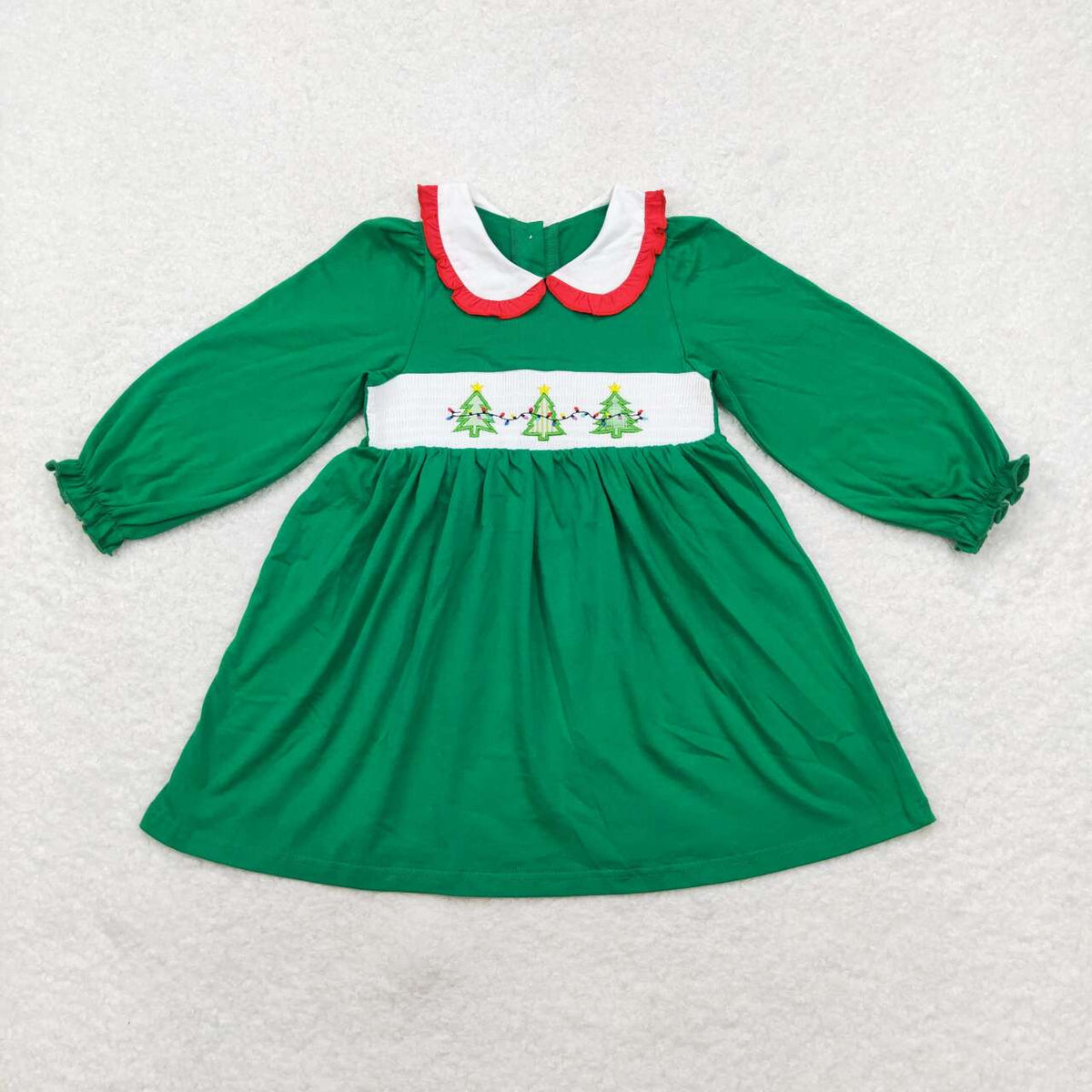 GLD0559 Tree Embroidery Green Cotton Girls Christmas Knee Length Smocked Dress