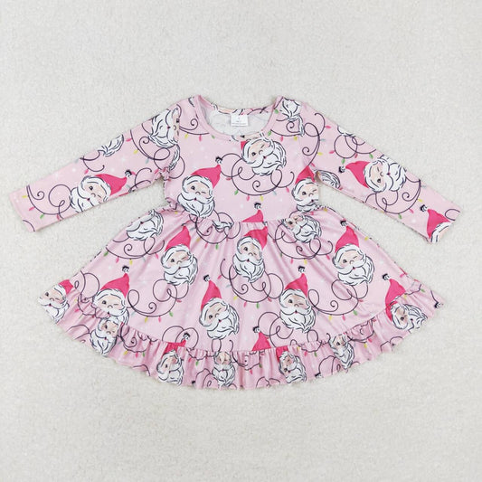 GLD0562 Santa Light Pink Print Girls Christmas Knee Length Ruffle Dress