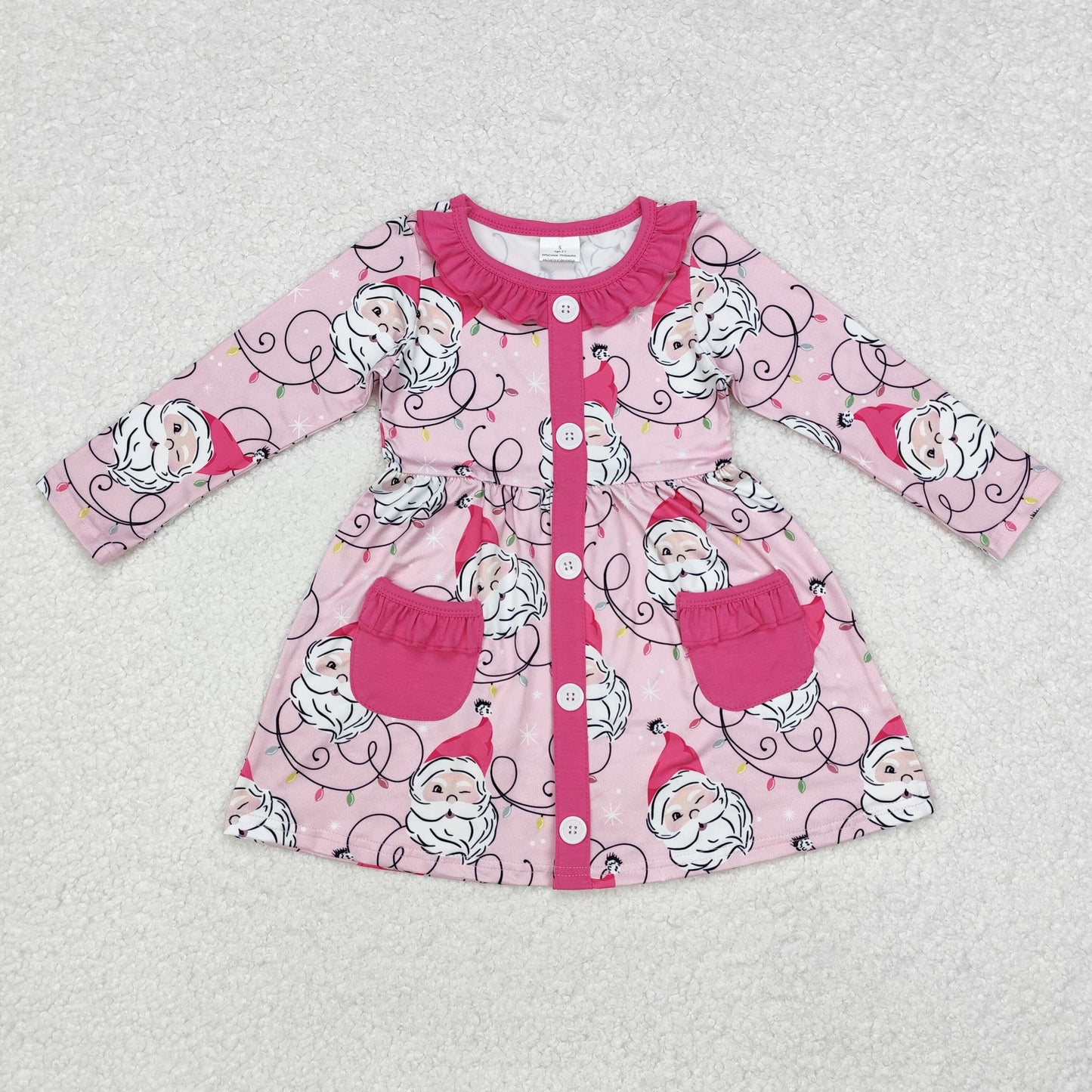 GLD0563 Santa Light Pink Print Pockets Girls Christmas Knee Length Dress