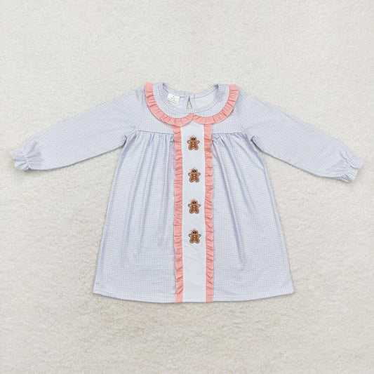 GLD0571 Gingerbread Embroidery Checkered Print Girls Christmas Knee Length Dress