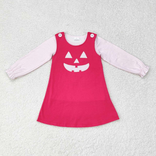 GLD0576 Checkered Pink Top Smiling Face Embroidery Hot Pink Dress Girls Halloween Clothes Set