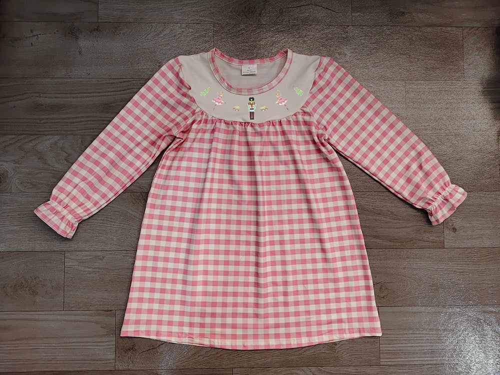 GLD0610 Preorder Nutcracke* Soldier Pink Checkered Print Girls Christmas Knee Length Dress