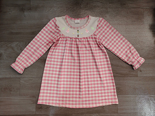 GLD0610 Preorder Nutcracke* Soldier Pink Checkered Print Girls Christmas Knee Length Dress