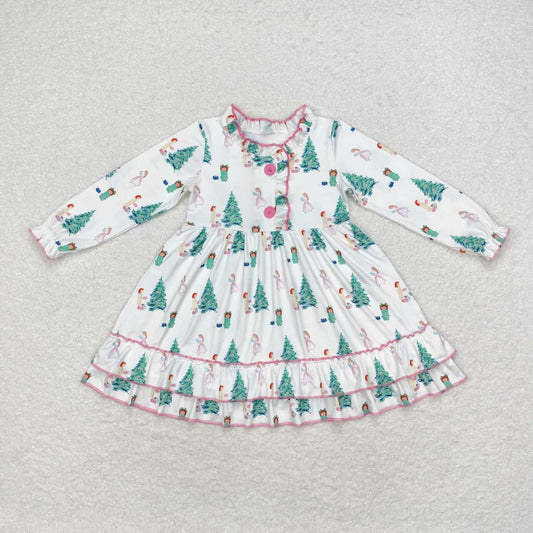 GLD0622 Tree Print Girls Christmas Knee Length Gown Ruffle Dress